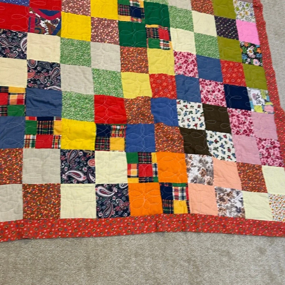 Handmade Patchwork Quilt Vintage Multi Color Scrap Block Red Floral Border 71x78